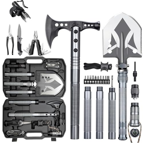ZENHOSIT Folding Tactical Shovel & Hatchet Combo with Extendable Handle, Flashlight & Accessories for Camping & Outdoors