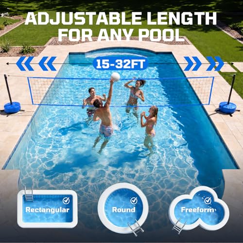 Blue LED Pool Volleyball Net Set with Glow Water Balls, Adjustable 15-32FT
