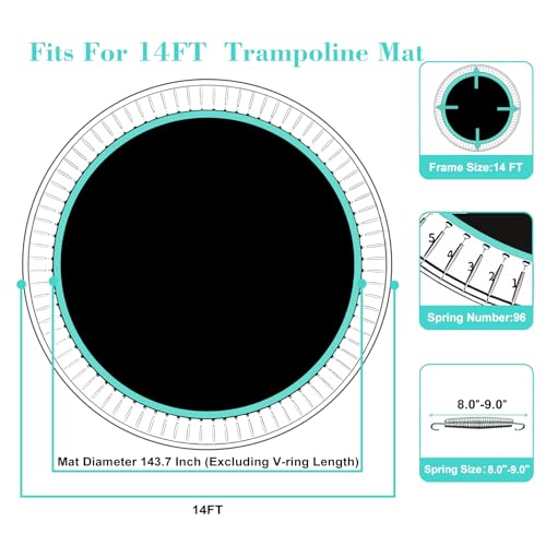 DEIFRE 14FT Trampoline Replacement Mat with 96V-Rings & 8.5-9.0" Springs, UV-Resistant
