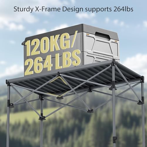 Anbte 34.2-Inch Tall Folding Camping Table with Aluminum Surface, Black, Adjustable Height & Mesh Storage