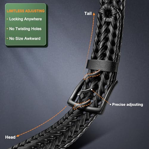 Black Braided Leather Belt for Men 1 3/8 Inch Holeless Golf Belt - Adjustable Waist 32-36 in Gift Boxed