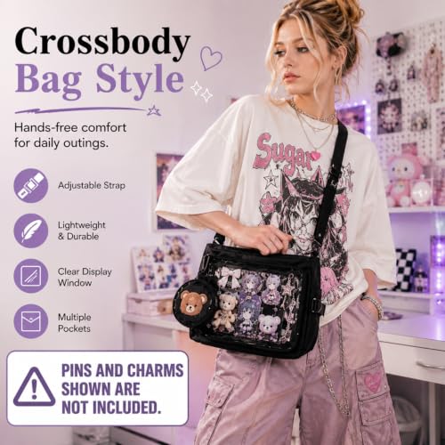 Inshere Ita Bag Crossbody Messenger Bag with Clear Coin Bag, Pins & Plush Charm - Black M