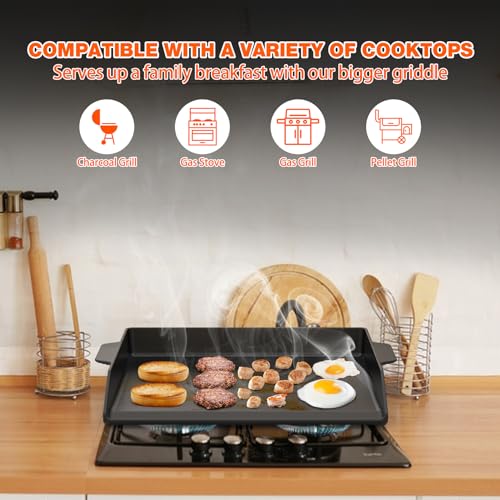 Cast Iron BBQ Flat Top Griddle - 18.6x14 Inch Non-Stick Outdoor Cooking