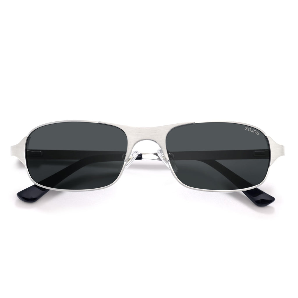 SOJOS Retro Rectangle Polarized Sunglasses for Men Women, 70s 80s Vintage Small Square Sunnies SJ1267, Brushed Silver/Grey