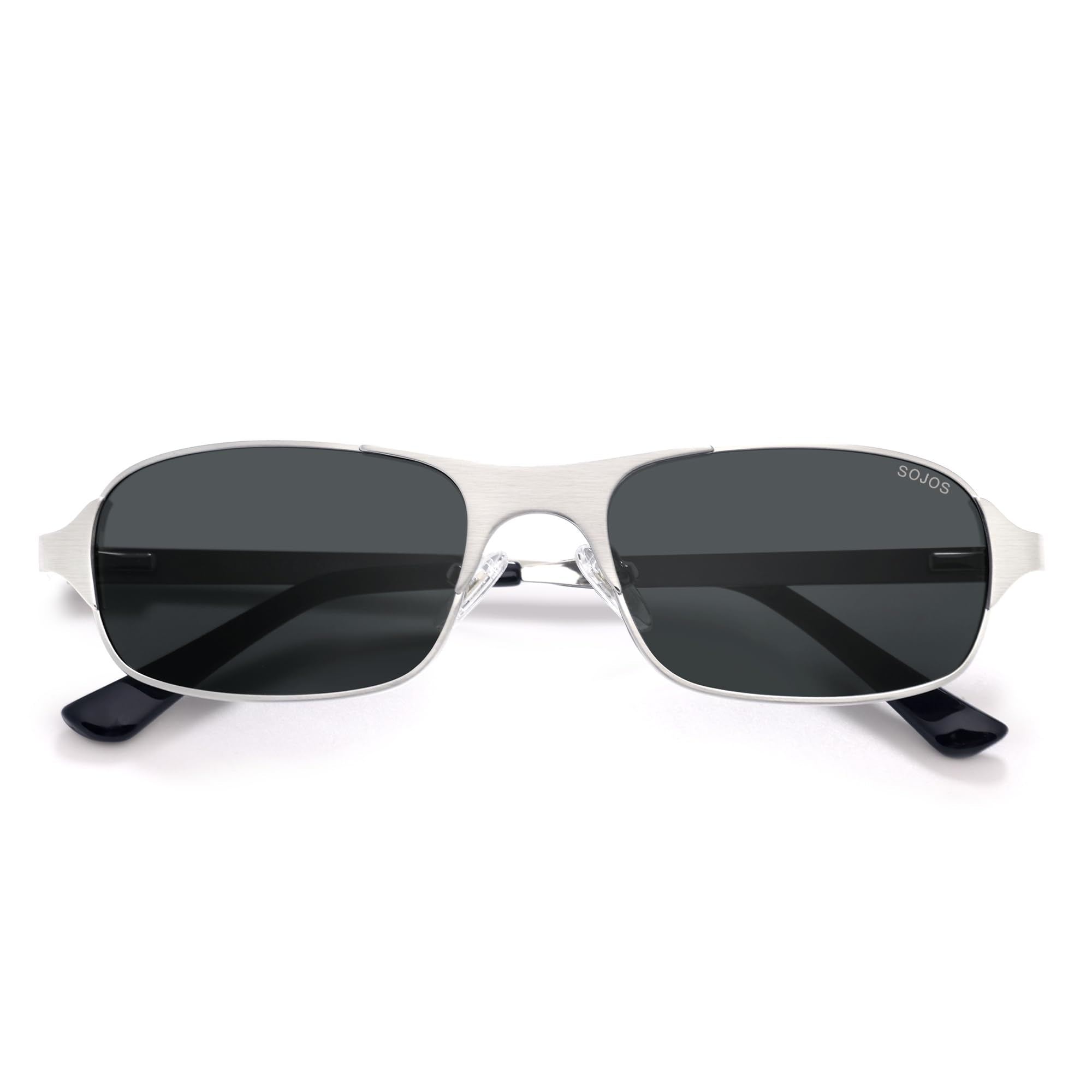 SOJOS Retro Rectangle Polarized Sunglasses for Men Women, 70s 80s Vintage Small Square Sunnies SJ1267, Brushed Silver/Grey