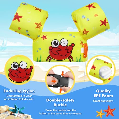 Kids Swim Arm Floaties for 20-50 Lbs - Yellow Crab Water Wings, Toddler Safety Vest