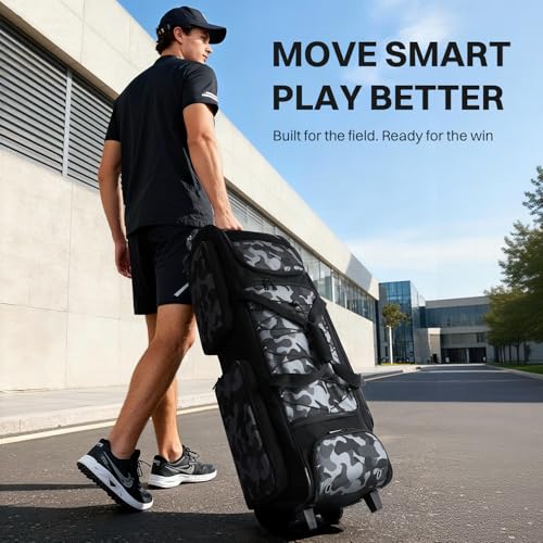 AUROTIER Black Camo Large Rolling Baseball Catcher Gear Bag with Wheels, Waterproof Shoe Compartment & 4 Bat Sleeve