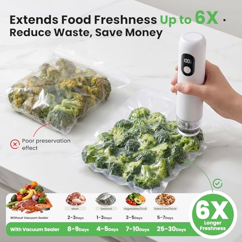 ROUUO White Handheld Food Vacuum Sealer with USB-C & Reusable Bags, Compact Portable