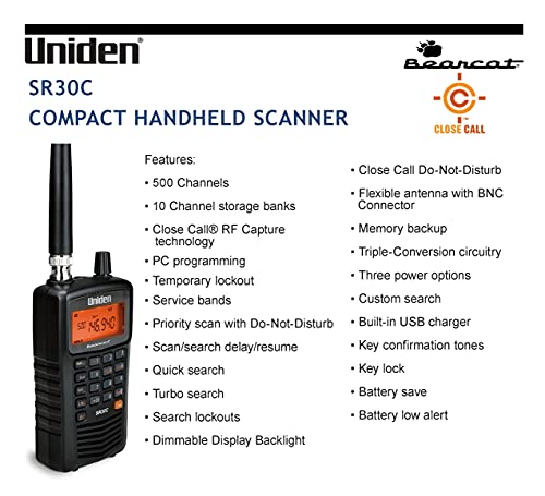 Uniden Bearcat SR30C 500-Channel Handheld Radio Scanner with Close Call & Turbo Search - Compact, Programmable, Racing & Marine