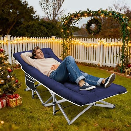 Fragess Blue Portable Camping Cot for Adults, 28-Inch Extra Wide Heavy Duty Foldable Bed with Mattress, Supports 600LBS