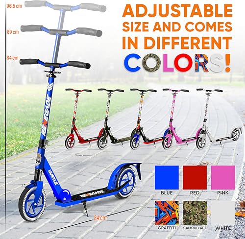 Hurtle Renegade Blue Kids & Teen Folding Kick Scooter - Adjustable T-Bar, Alloy Deck
