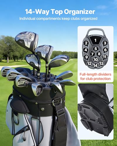 VEVOR Gray Golf Cart Bag with 14-Way Divider, Rain Hood & Storage Pockets