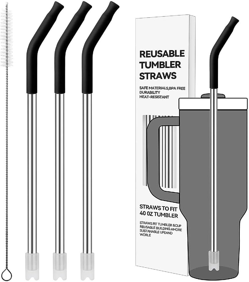 Skiennix Straight Metal Straws - 3 Pack Reusable Stainless Steel Drinking Straws with Silicone Tips | Fits 40 Oz Stanley Tumbler, BPA Free (Black)