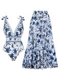 Blue and White V Neck Lace Up One Piece Swimsuit with Skirt - Medium