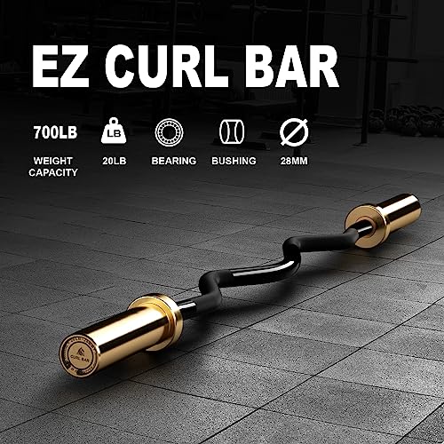 LIONSCOOL 2-Inch Golden & Black Titanium-Plated EZ Curl Bar, 28mm Olympic Barbell for Biceps & Triceps