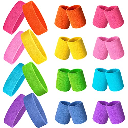Neon Sweatbands Set 24 Pcs - 8 Colors Headbands & Wristbands for Sports, Fitness & Workout