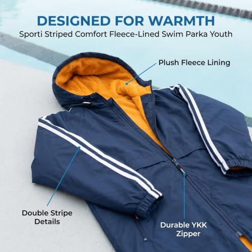 Sporti Youth Swim Parka with Striped Plush Fleece Lining - Royal Blue/Charcoal, Small
