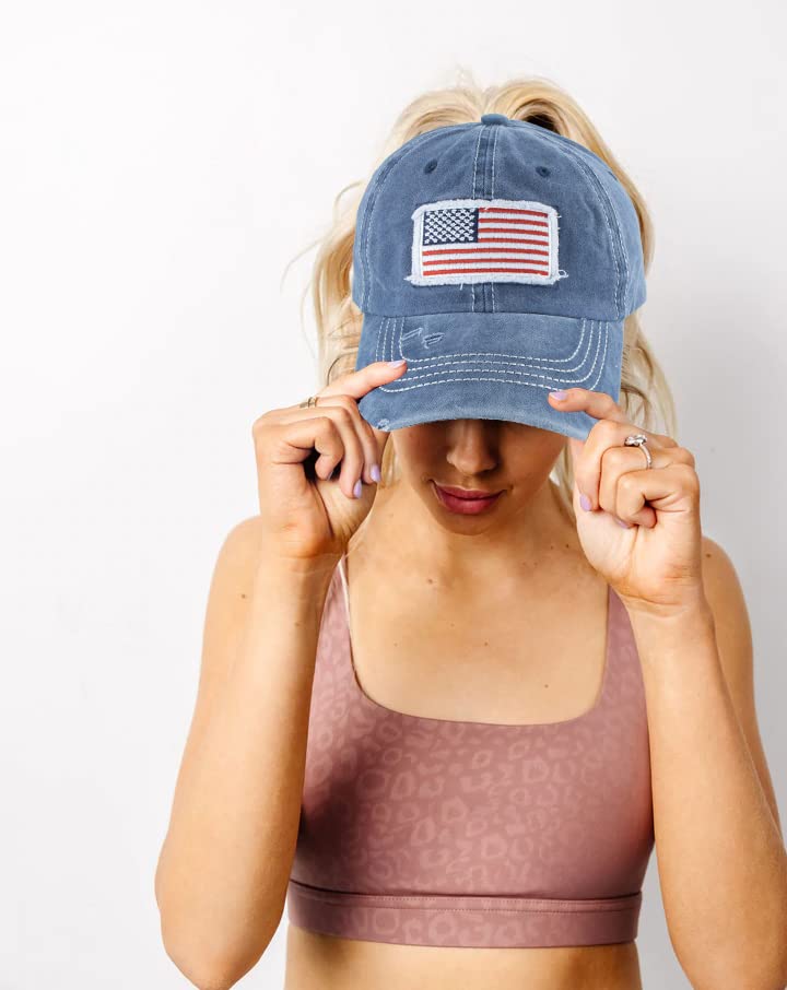 Distressed Ponytail Hat for Women – American Flag High Bun, One Size Navy