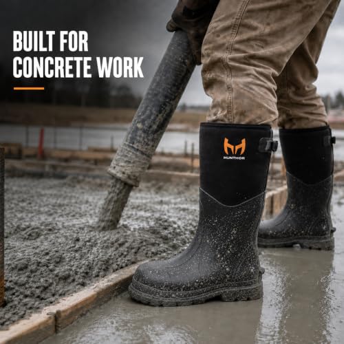 Hunthor Black Steel Toe Rubber Work Boots - Puncture-Proof Safety Shoes, Steel Shank, Size 7