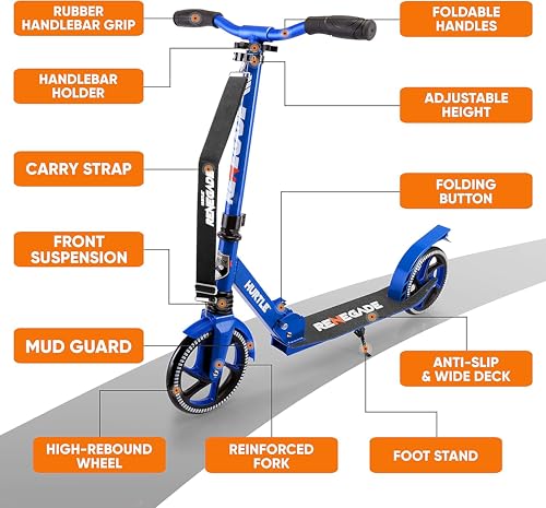 Hurtle Renegade Blue Kids & Teen Folding Kick Scooter - Adjustable T-Bar, Alloy Deck