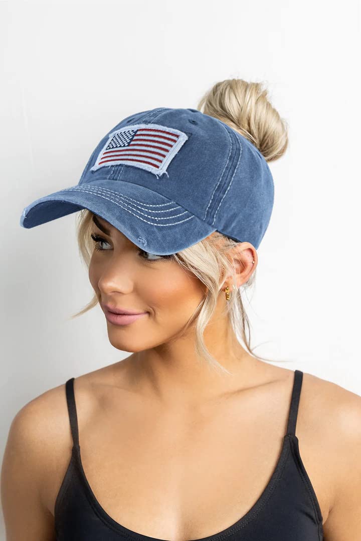 Distressed Ponytail Hat for Women – American Flag High Bun, One Size Navy