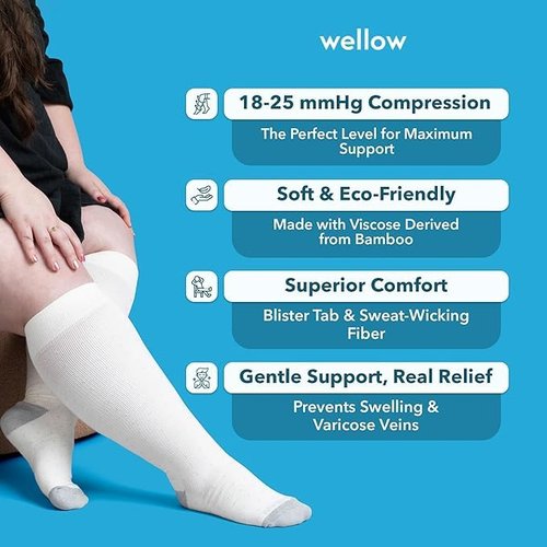Wellow Wide Calf Compression Socks for Men & Women, 18-25 mmHg Made with Viscose from Bamboo, Nurses & Pregnancy Support, Relieves Swelling, Knee High, LW, Cobalt Dot Wide Calf