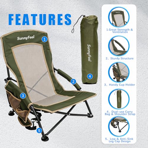 Green Low Back Folding Beach Camping Chair 2 Pack - Portable Heavy Duty Outdoor Seating