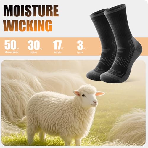 Winter Merino Wool Hiking Socks - Heavyweight Breathable Cushioned Socks, Large, Black