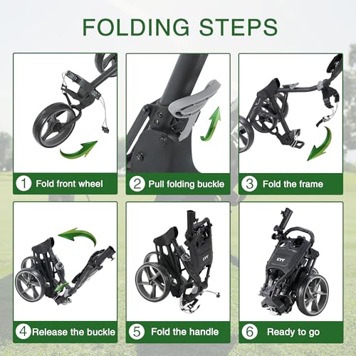 KVV Charcoal 3-Wheel Foldable Golf Push Cart with Scorecard & Umbrella Holder, Lightweight