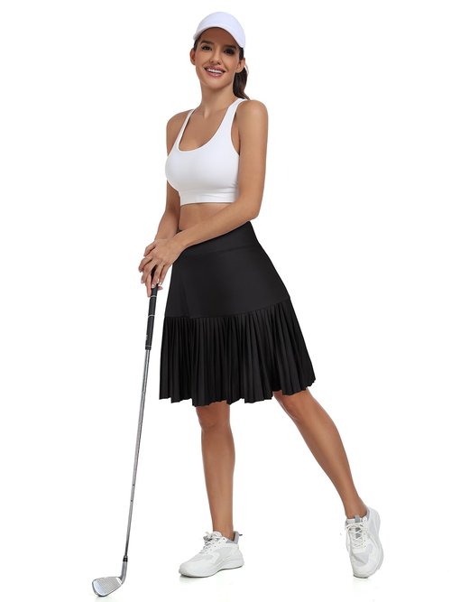 KORALHY 21" Golf Skorts with Pockets Pleated Tennis Skirts with Shorts Knee Length Skort for Athletic, Workout, Casual Wear Black M