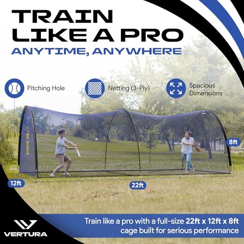 Portable 22ft x 12ft x 8ft Baseball & Softball Batting Cage with Netting & Pitching Hole