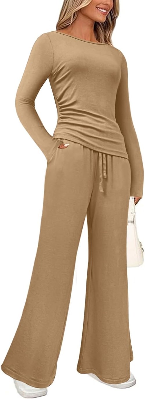 BeautyNee 2 Piece Matching Sweatsuit - Women's Casual Lounge Set with Wide Leg Pants & Crop Top | Khaki M
