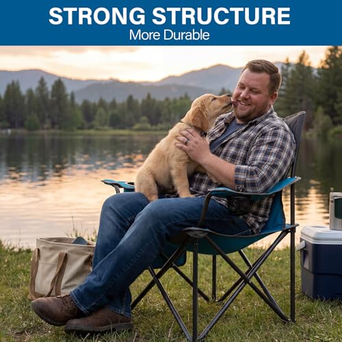 Blue Oversized Camping Chairs 2-Pack with Padded Seats & Cup Holders - Heavy Duty Folding Outdoor Lounge Chairs