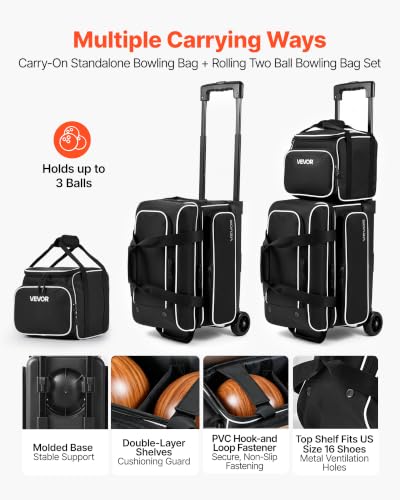 VEVOR Black 3-Ball Bowling Bag Double Roller with Shoe Compartment