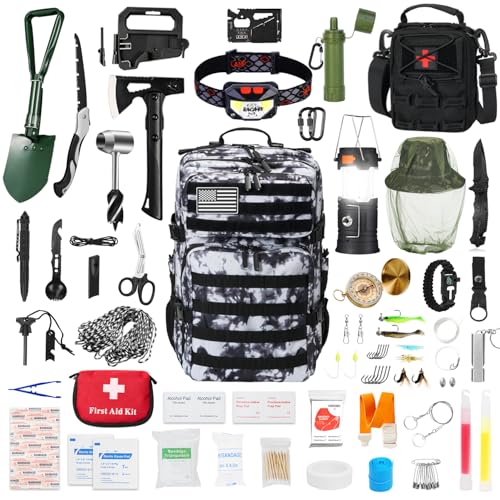 White Camouflage Survival Gear Set with Backpack, First Aid Kit & Camping Accessories