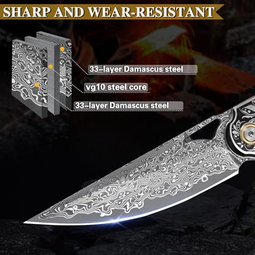 Damascus Steel Folding Pocket Knife with Leather Sheath - Outdoor EDC Tool