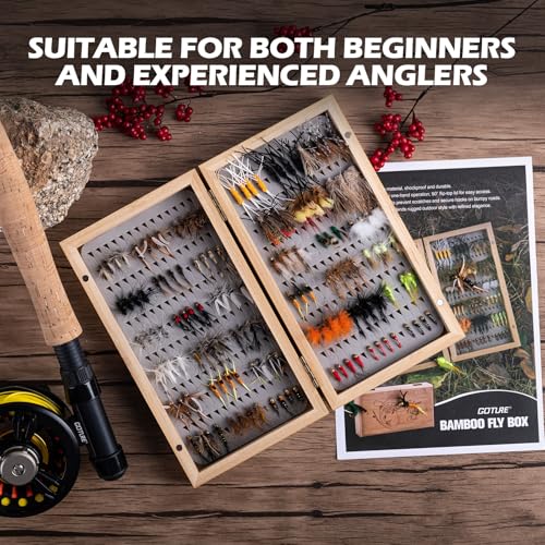 Goture 144PCS Fly Fishing Flies Assortment Kit with Wooden Fly Box D1