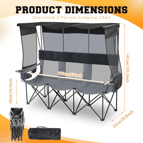 Teenyyou 3 Person Camping Chair with Canopy - Heavy Duty 990lbs Support, Black Gray