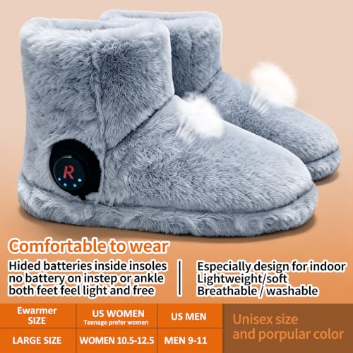 Ewarmer Gray Large Rechargeable Heated Slippers for Women, Graphene Heating, 4-8 Hour Warmth