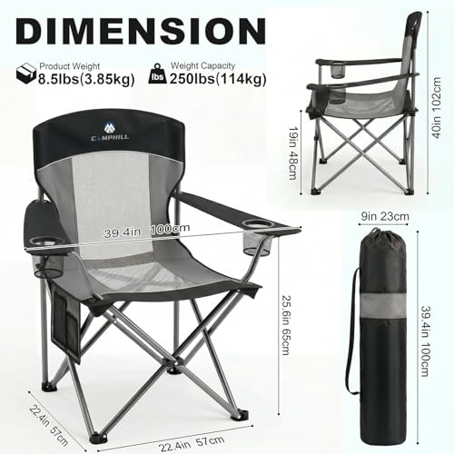 CAMPHILL Black 2-Pack Oversized Mesh Back Camping Chairs with Cup Holder & Side Pocket