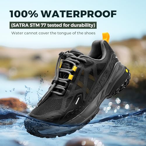 FitVille Men's Waterproof Hiking Shoes 10.5 Wide Black/Grey All-Terrain Sneakers