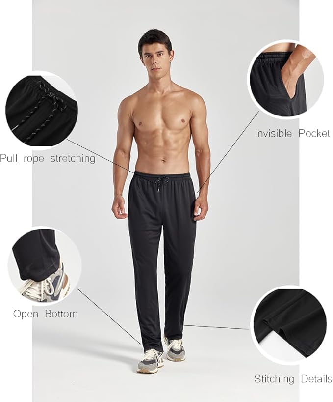 Men's Lightweight Quick Dry Joggers with Pockets - Open Bottom Athletic Pants XX-Large - Black/L Gray/D Gray/Navy/Maroon/Green