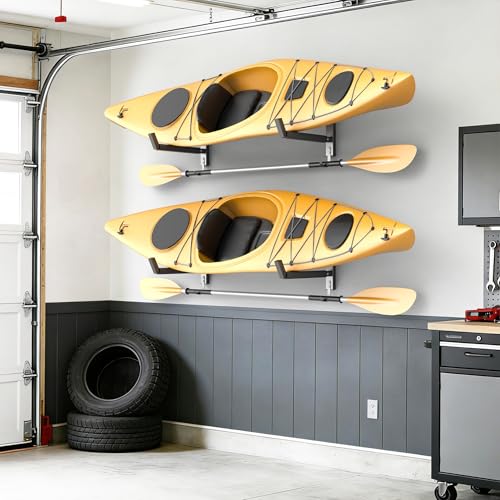 TORACK Wall-Mounted Kayak Rack for 2 Kayaks, Heavy Duty Garage Storage with Paddle Hooks