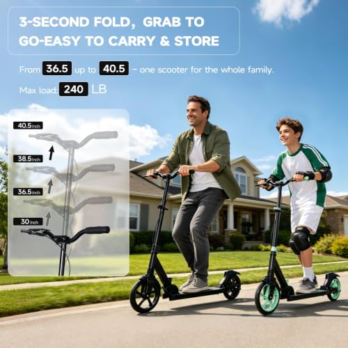Nattork Black Adult & Teen Kick Scooter 240lbs Capacity with Dual Brakes & Adjustable Handlebar