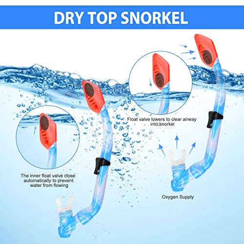 Kids Snorkel Set with Tempered Glass Mask Dry Top Snorkeling Gear Blue - Ages 5-15