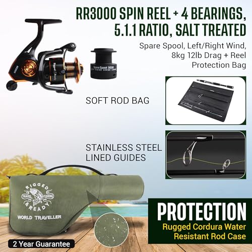 World Traveller Travel Fishing Rod & Reel Combo - Compact, Interchange Tips, Case