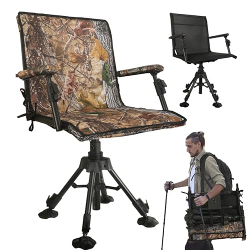FUNHORUN Camouflage-Black Hunting Chair with Removable Camo Cover, 360° Swivel, Foldable Ground Blind Seat