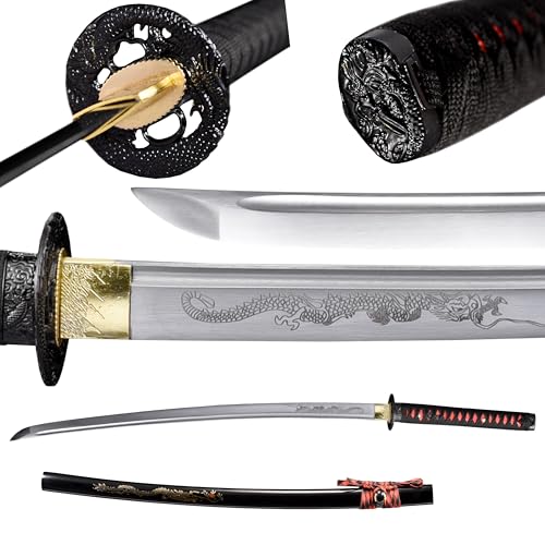 Samurai Sword Katana Handmade Japanese Full Tang Carbon Steel for Training & Collecting - Red Drogen 1060