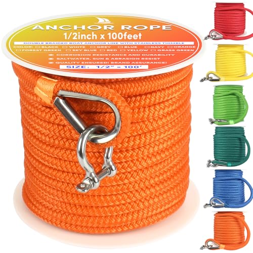 Boat Anchor Rope 100 ft x 1/2 inch Orange Double Braided Marine Line with Stainless Steel Thimble & Shackle - for Towing & Mooring