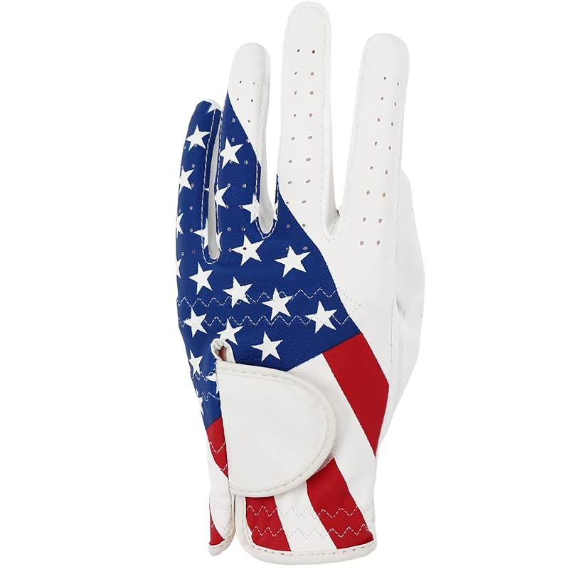 Golf Gloves for Men and Women Left Hand for Right-Handed Golfers – American Flag Pattern, Synthetic Leather, Lycra, Adjustable Closure | Medium+Men